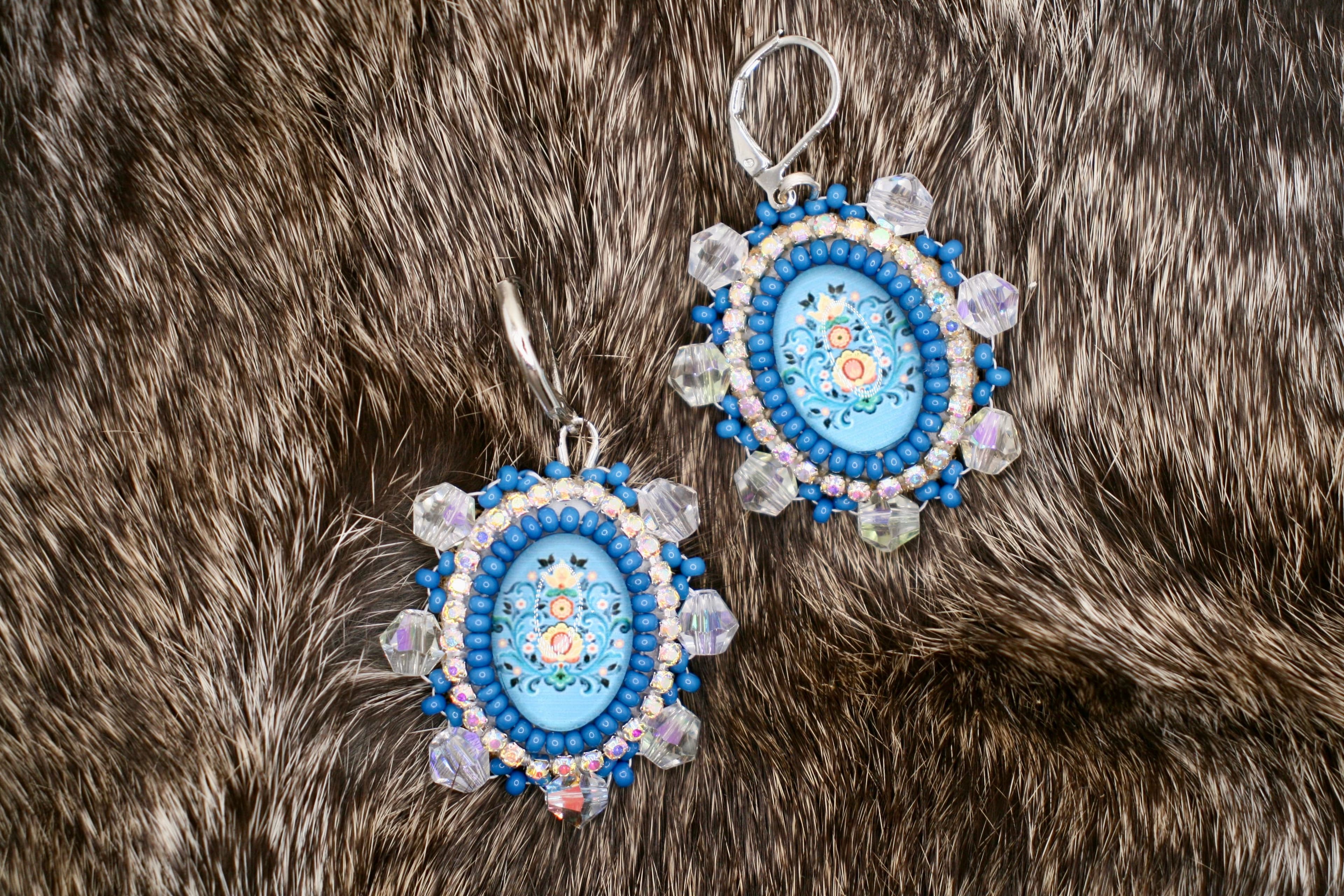 Blue Floral Crystal Beaded Earrings